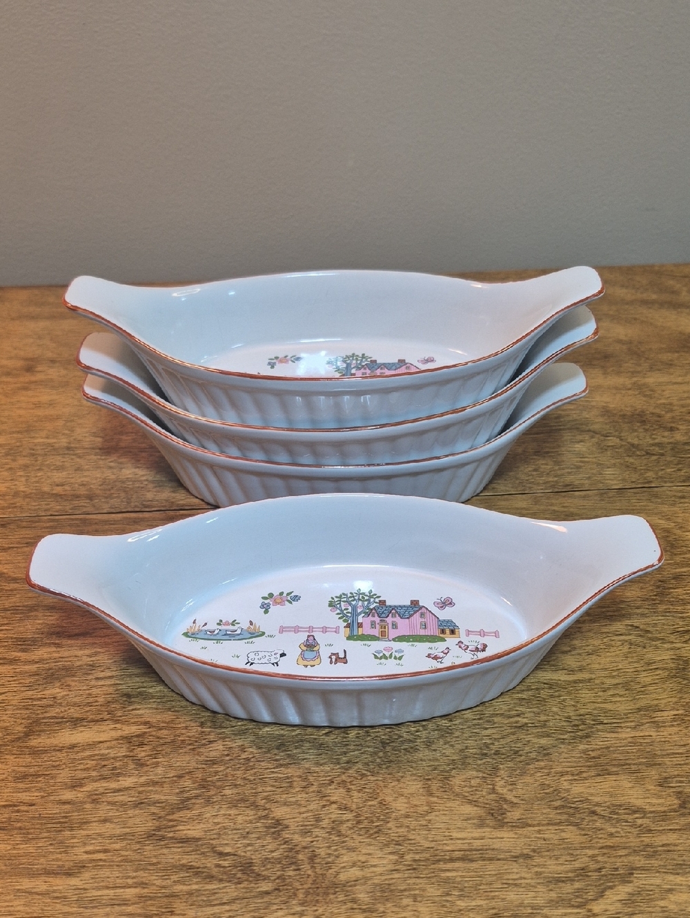 COUNTRY HOME Vintage 90s Oval Ceramic Au Gratin Handled Baker Dish, Set of 4